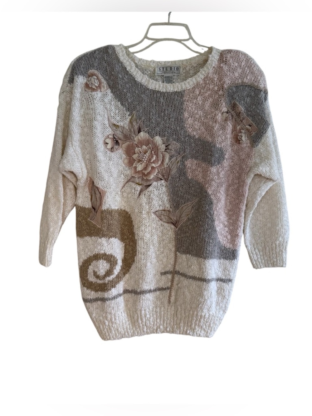 Michelle Stuart Cottagecore Grandma Crewneck Patchwork Floral Sweater Cream L